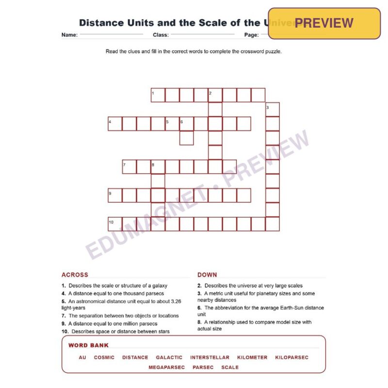 Distance Units And The Scale Of The Universe (Crossword Worksheets) Grade 8 NGSS