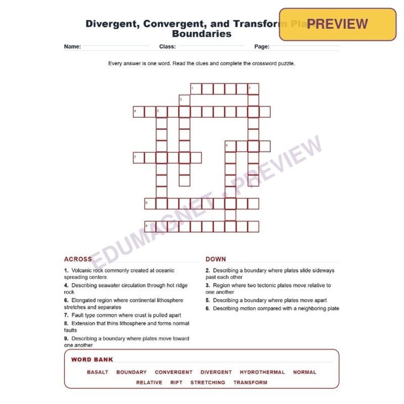 Divergent, Convergent, And Transform Plate Boundaries (Crossword Worksheets) Grade 8 NGSS Unit 8
