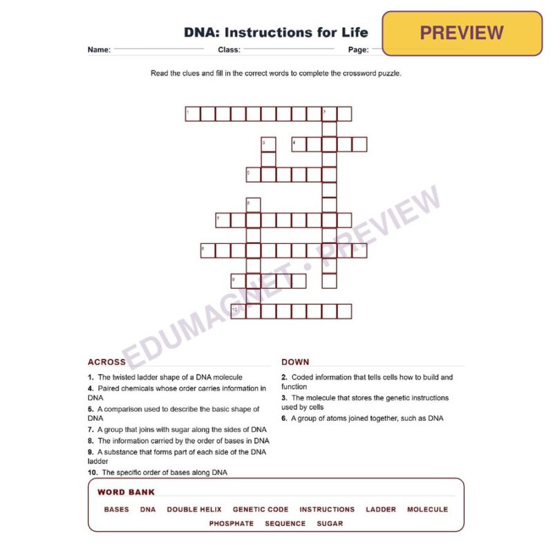 DNA Instructions For Life (Crossword Worksheets) Virginia SOL LS.10