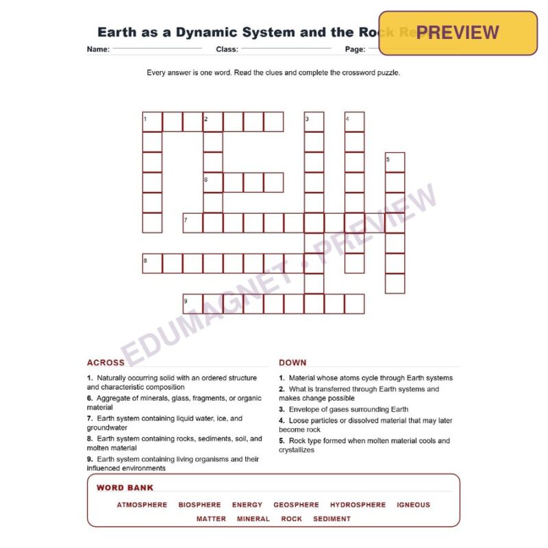 Earth As A Dynamic System And The Rock Record (Crossword Worksheets) Grade 8 NGSS Unit 8