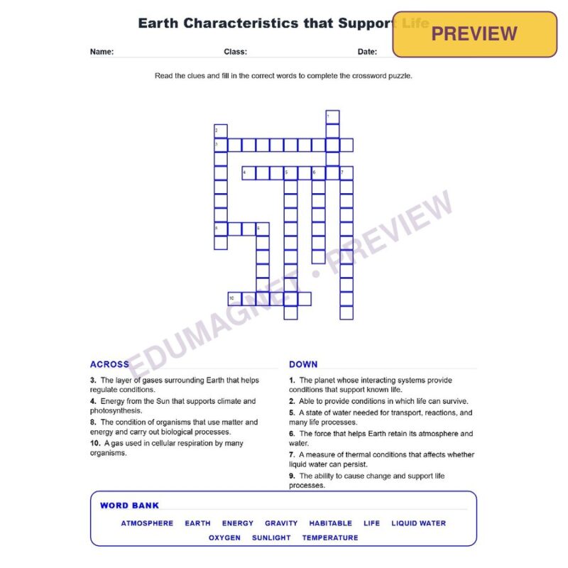 Earth Characteristics That Support Life (Crossword Worksheets) Grade 7 Science TEKS 7.9C