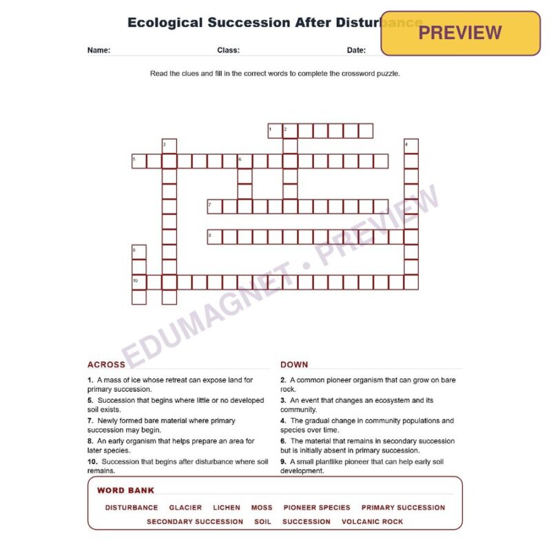 Ecological Succession After Disturbance (Crossword Worksheets) Grade 8 Science TEKS 8.12B