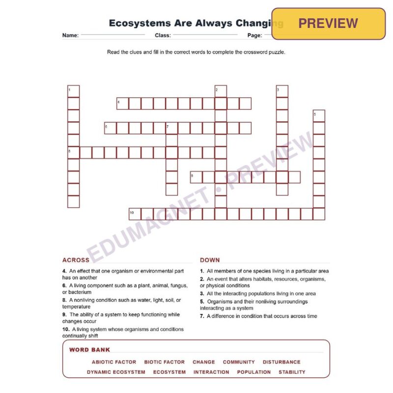 Ecosystems Are Always Changing (Crossword Worksheets) Virginia Life Science SOL LS.8