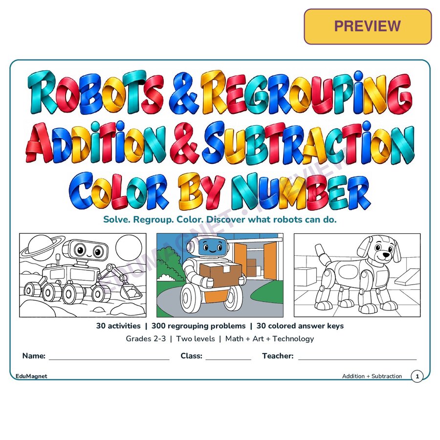 EduMagnet Robots And Regrouping Color By Number