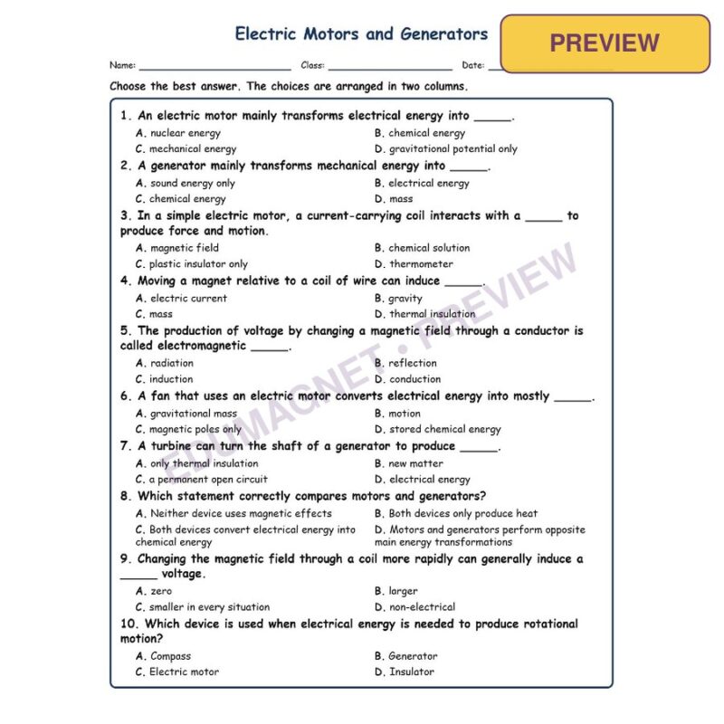 Electric Motors And Generators MCQ Fill Written Exit Worksheet SOL Grade 8