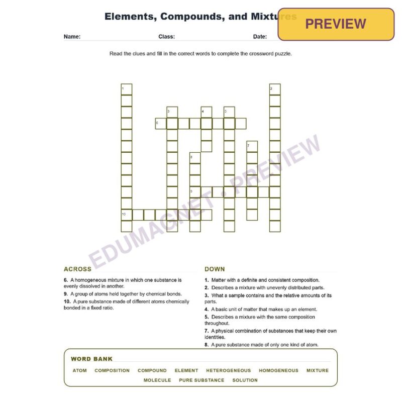 Elements, Compounds, And Mixtures (Crossword Worksheets) Grade 8 Science TEKS 8.6A