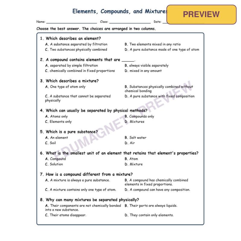 Elements, Compounds, And Mixtures Physical Science Virginia SOL PS.3B MCQ Fill S