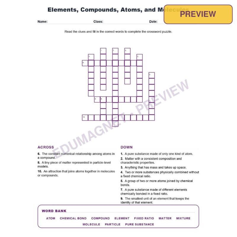 Elements, Compounds, Atoms, And Molecules (Crossword Worksheets) Grade 7 Science TEKS 7.6A