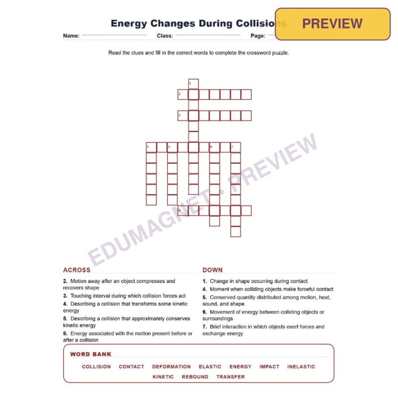 Energy Changes During Collisions (Crossword Worksheets) NGSS MS PS3 5