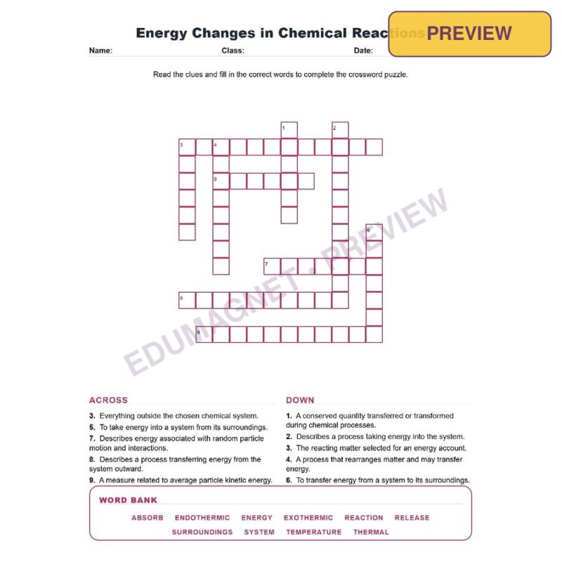 Energy Changes In Chemical Reactions (Crossword Worksheets) Grade 8 NGSS MS PS1 6