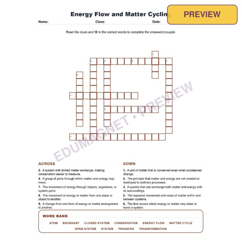 Energy Flow And Matter Cycling (Crossword Worksheets) Grade 7 Science TEKS 7.5E