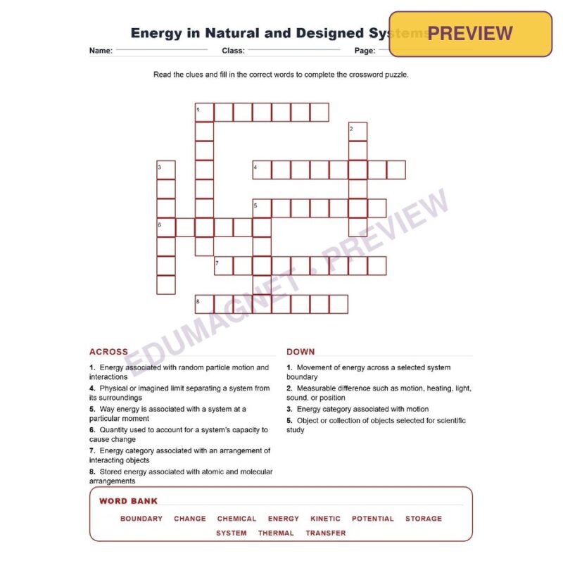 Energy In Natural And Designed Systems (Crossword Worksheets) NGSS MS PS3