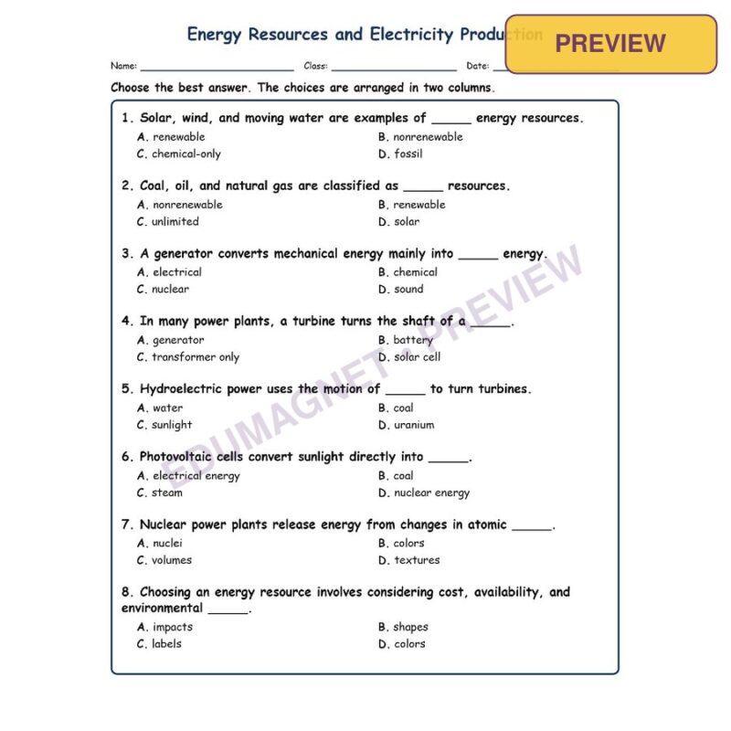 Energy Resource Fill MCQ Written Exit Tickets Worksheet SOL Physical Science