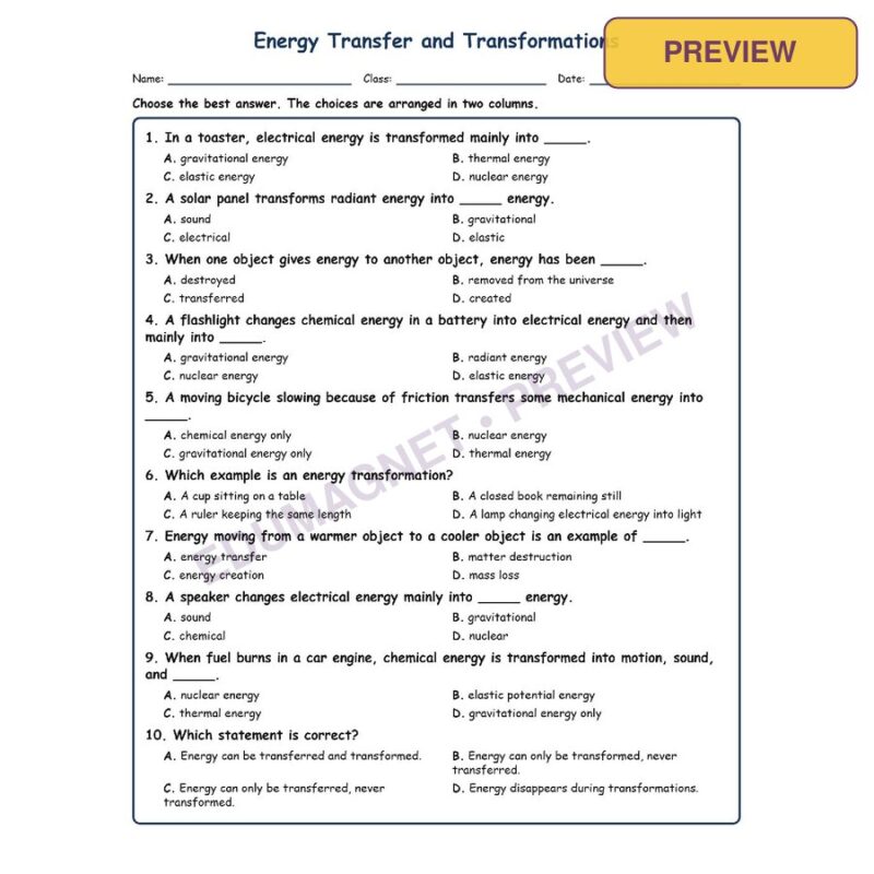 Energy Transfer And Transformations MCQ Fill Written Exit Worksheet SOL Grad