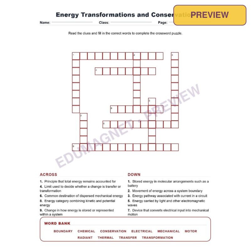 Energy Transformations And Conservation (Crossword Worksheets) NGSS MS PS3