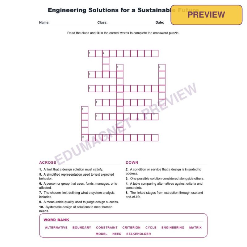 Engineering Solutions For A Sustainable Future (Crossword Worksheets) Grade 8 NGSS MS ETS1 1 Through MS ETS1 4