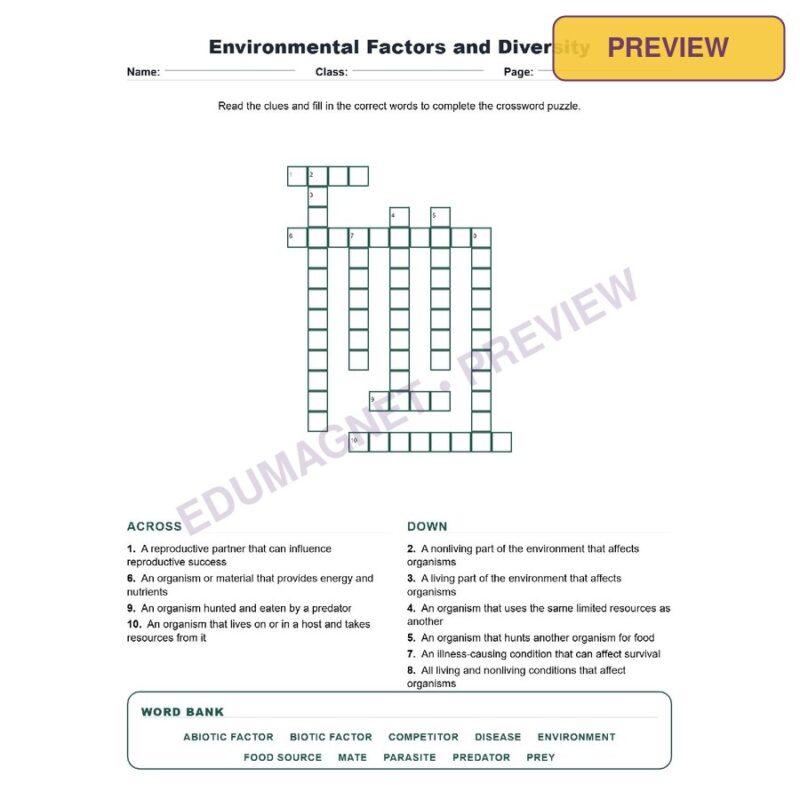Environmental Factors And Diversity (Crossword Worksheets) Virginia SOL LS.11