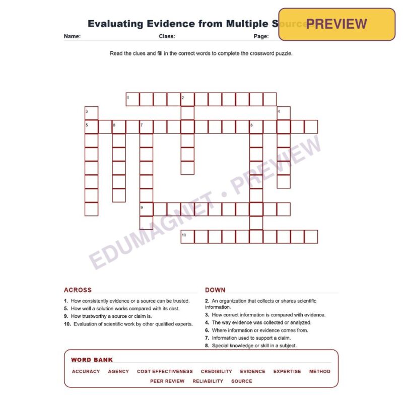 Evaluating Evidence From Multiple Sources (Crossword Worksheets) Science TEKS 7.4B