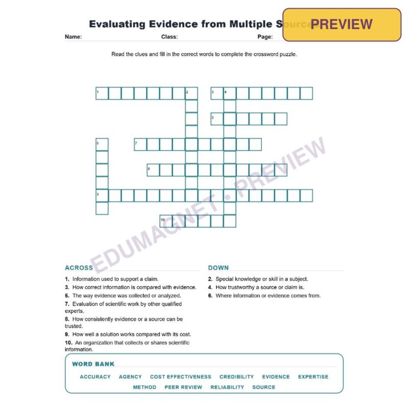 Evaluating Evidence From Multiple Sources (Crossword Worksheets) Science TEKS 8.4B