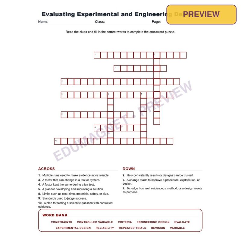 Evaluating Experimental And Engineering Designs (Crossword Worksheets) Science TEKS 7.2D