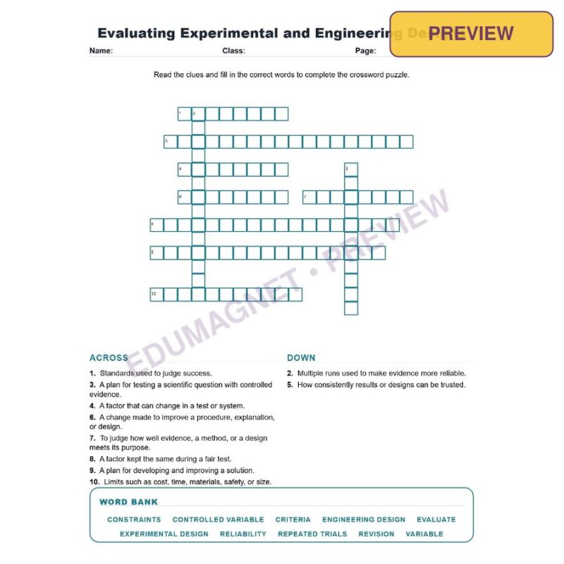 Evaluating Experimental And Engineering Designs (Crossword Worksheets) Science TEKS 8.2D