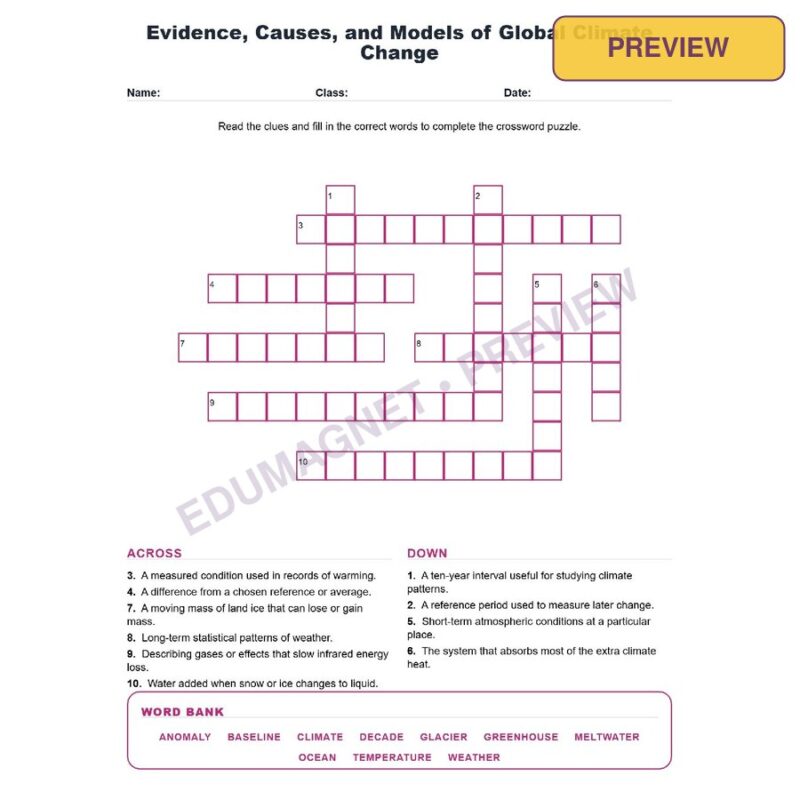 Evidence Causes And Models Of Global Climate Change (Crossword Worksheets) Grade 8 NGSS MS ESS3 5