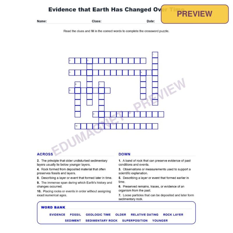 Evidence That Earth Has Changed Over Time (Crossword Worksheets) Grade 7 Science TEKS 7.10A