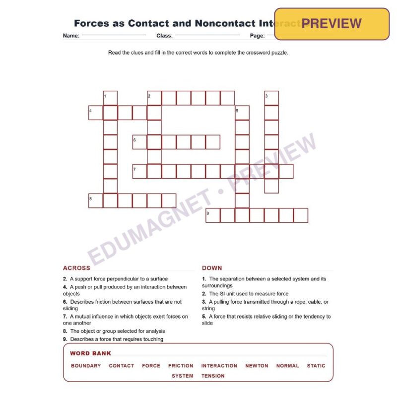 Forces As Contact And Noncontact Interactions (Crossword Worksheets) NGSS MS PS2 1 And MS PS2 2