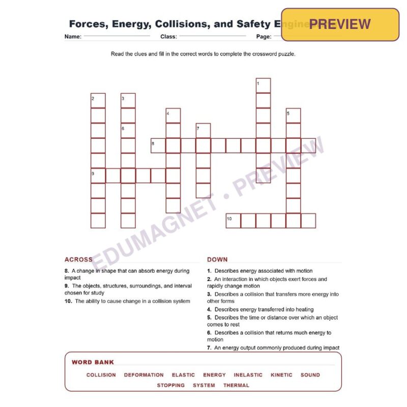 Forces, Energy, Collisions, And Safety Engineering (Crossword Worksheets) NGSS MS PS2 1