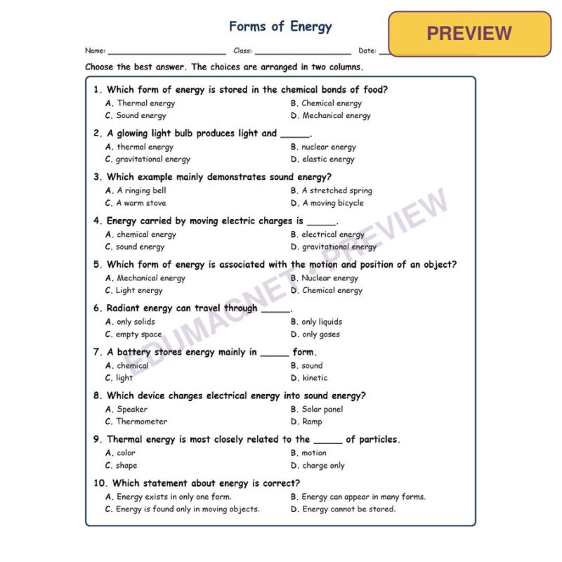 Forms Of Energy MCQ Fill Written Exit Worksheet SOL Grade 8