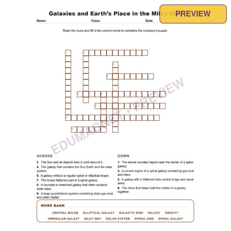 Galaxies And Earth’S Place In The Milky Way (Crossword Worksheets) Grade 8 Science TEKS 8.9B