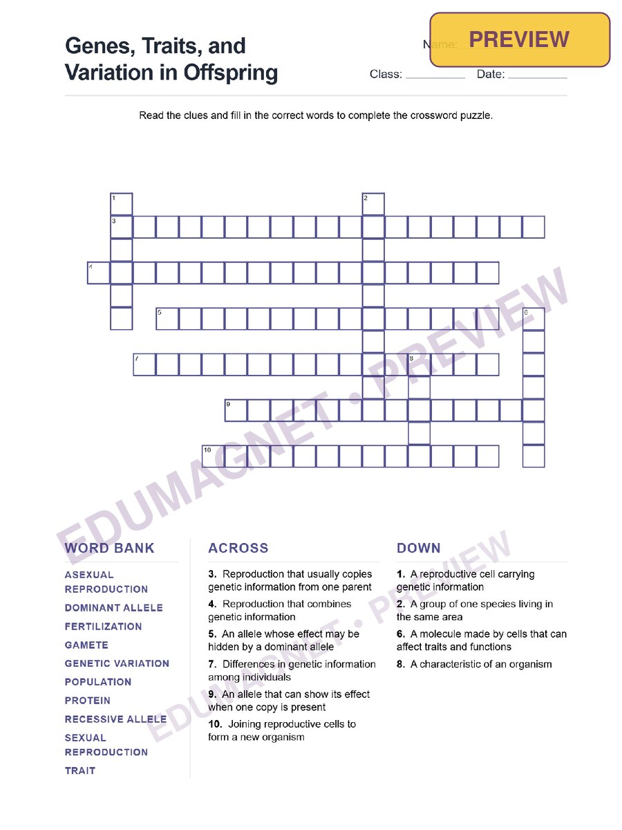 Genes Traits And Variation In Offspring (Crossword Worksheets) Grade 7 ...