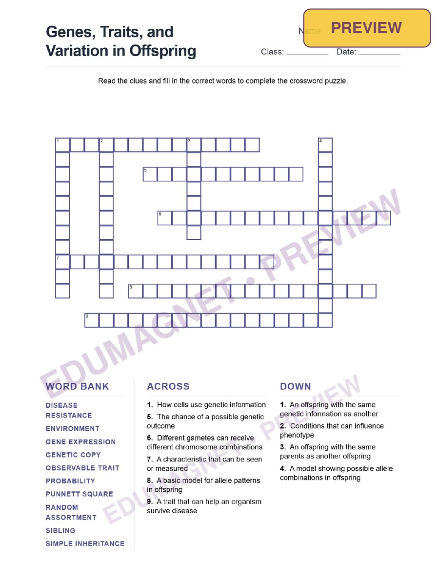 Genes Traits And Variation In Offspring (Crossword Worksheets) Grade 7 ...