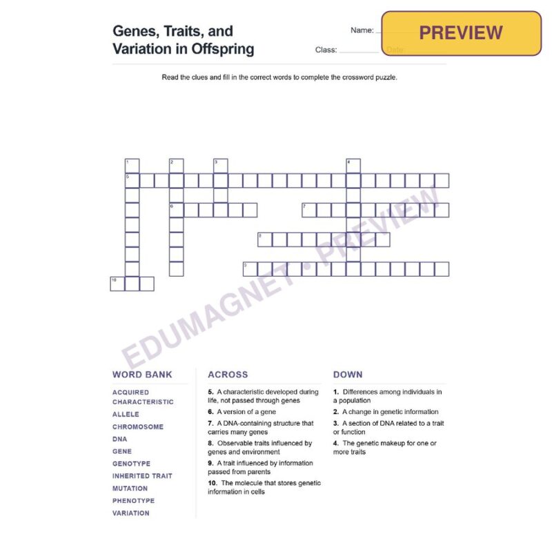 Genes Traits And Variation In Offspring (Crossword Worksheets) Grade 7 NGSS