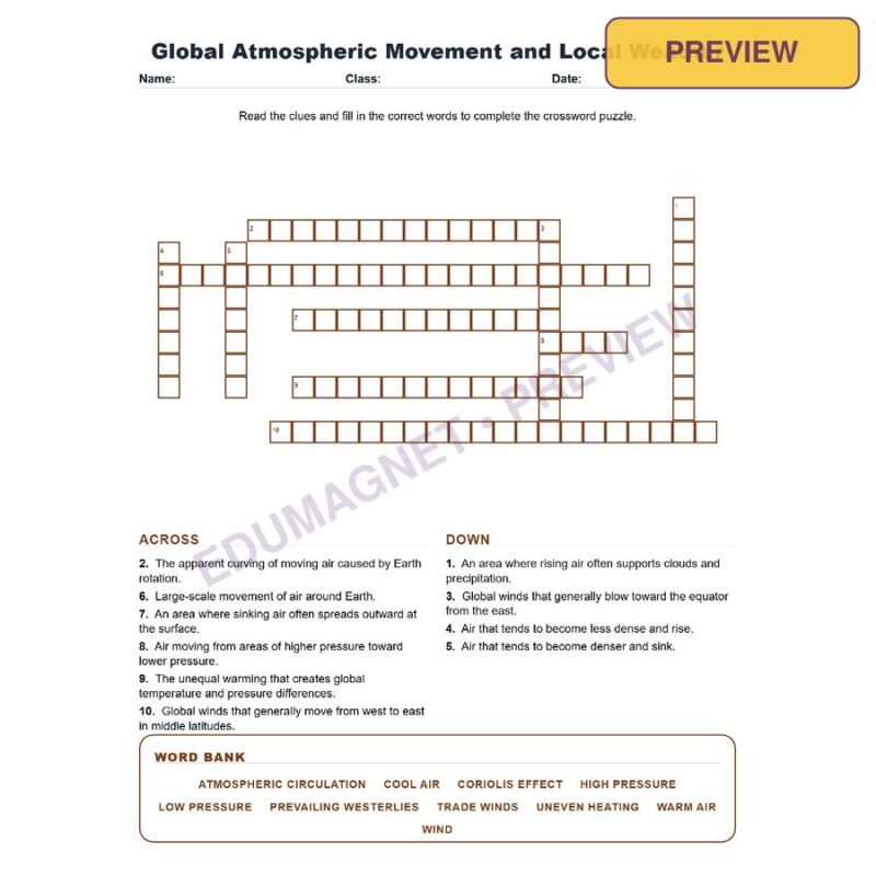 Global Atmospheric Movement And Local Weather (Crossword Worksheets) Grade 8 Science TEKS 8.10B