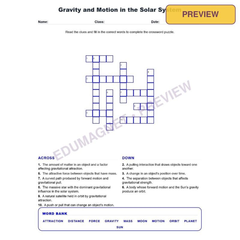 Gravity And Motion In The Solar System (Crossword Worksheets) Grade 7 Science TEKS 7.9B