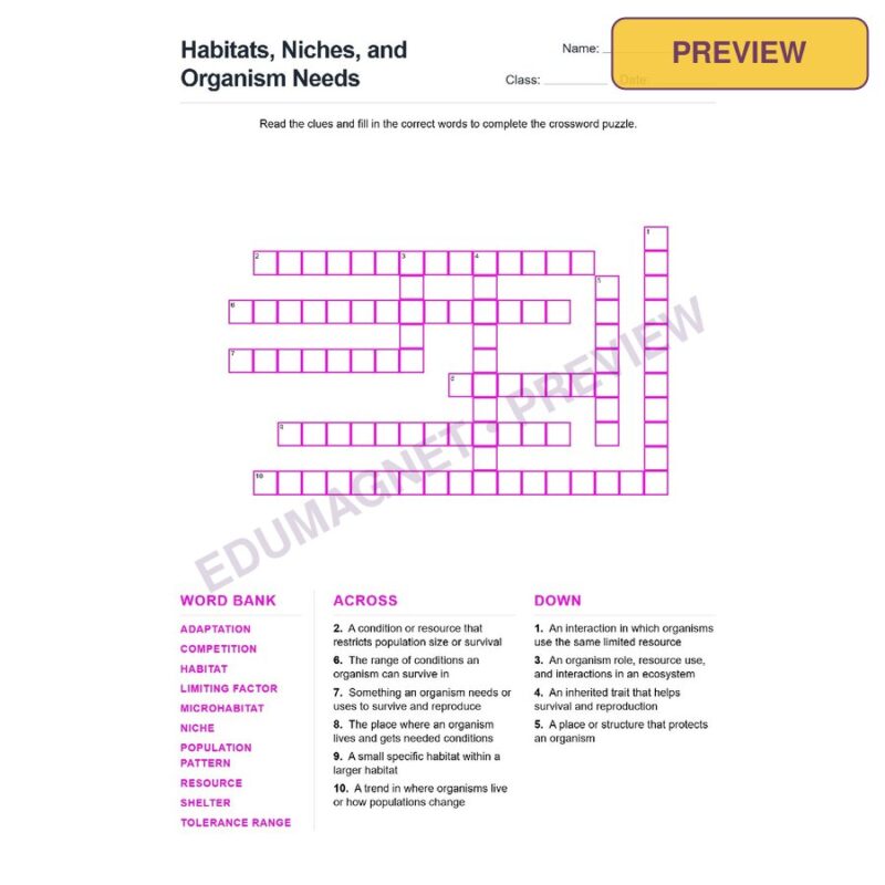 Habitats, Niches, And Organism Needs (Crossword Worksheets) Grade 7 NGSS