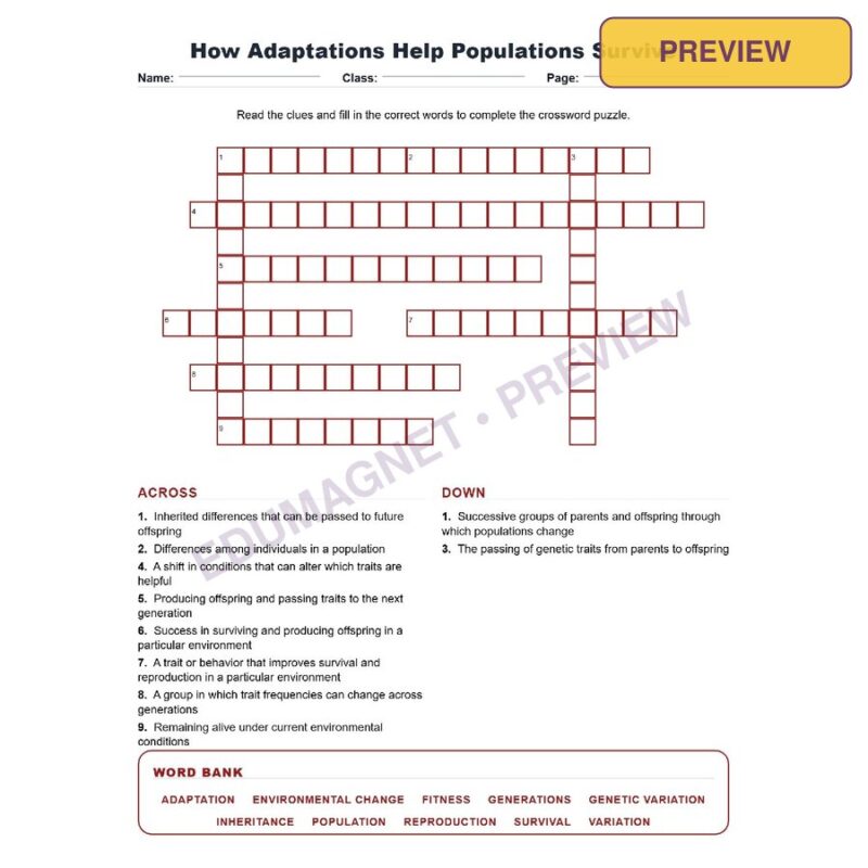 How Adaptations Help Populations Survive (Crossword Worksheets) Virginia SOL LS.6 And LS.7