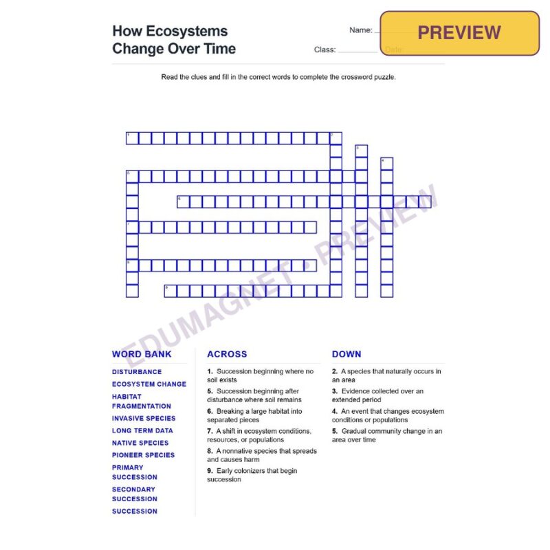 How Ecosystems Change Over Time (Crossword Worksheets) Grade 7 NGSS