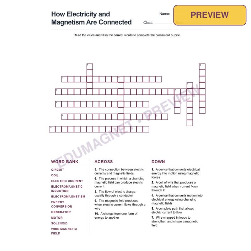 How Electricity And Magnetism Are Connected (Crossword Worksheets) Grade 7 NGSS