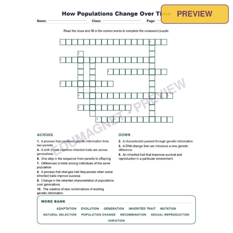 How Populations Change Over Time (Crossword Worksheets) Virginia SOL LS.11