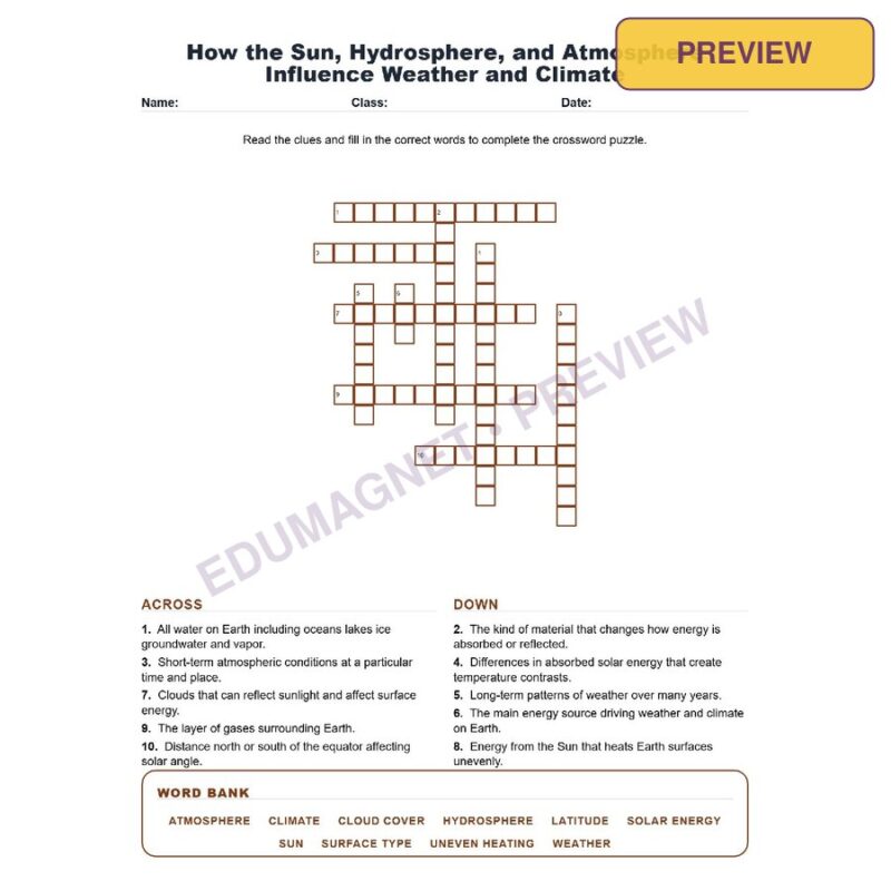 How The Sun, Hydrosphere, And Atmosphere Influence Weather And Climate (Crossword Worksheets) Grade 8 Science TEKS 8.10A