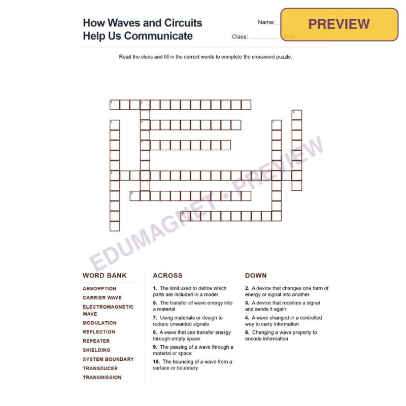 How Waves And Circuits Help Us Communicate (Crossword Worksheets) Grade 7 NGSS