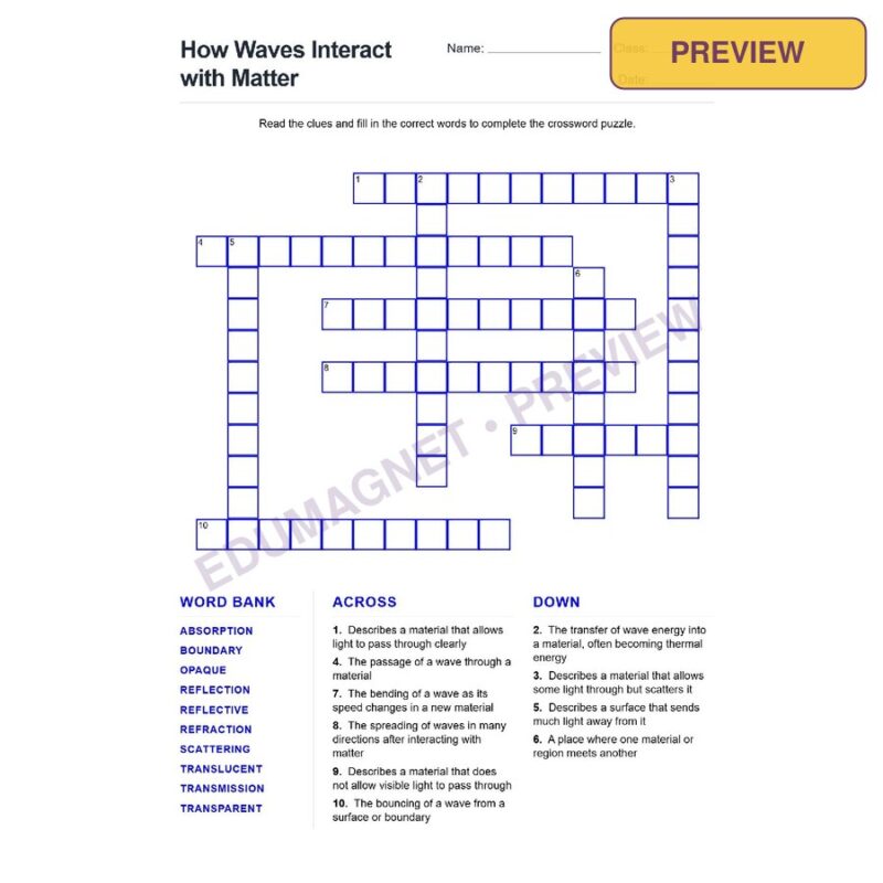 How Waves Interact With Matter (Crossword Worksheets) Grade 7 NGSS