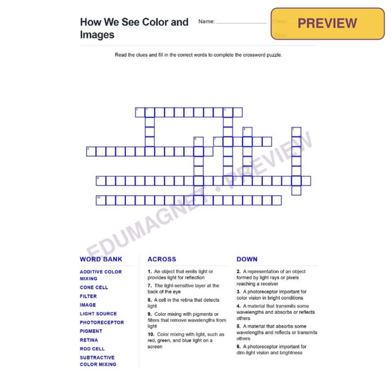 How We See Color And Images (Crossword Worksheets) Grade 7 NGSS