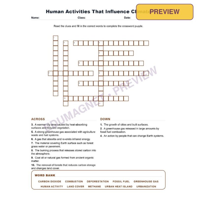 Human Activities That Influence Climate (Crossword Worksheets) Grade 8 Science TEKS 8.11B
