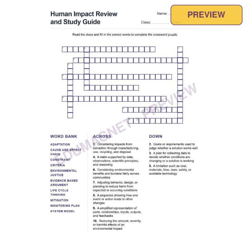 Human Impact Review And Study Guide (Crossword Worksheets) Grade 7 NGSS