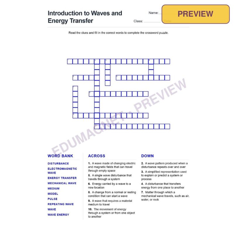 Introduction To Waves And Energy Transfer (Crossword Worksheets) Grade 7 NGSS