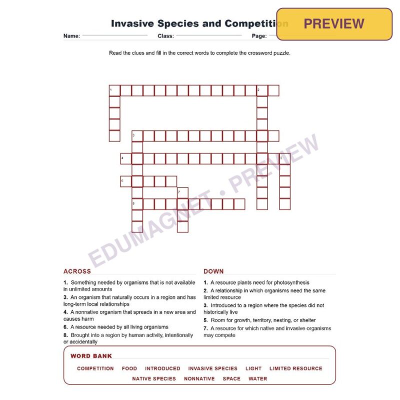 Invasive Species And Competition (Crossword Worksheets) Virginia Grade 7 Life Science Unit 8