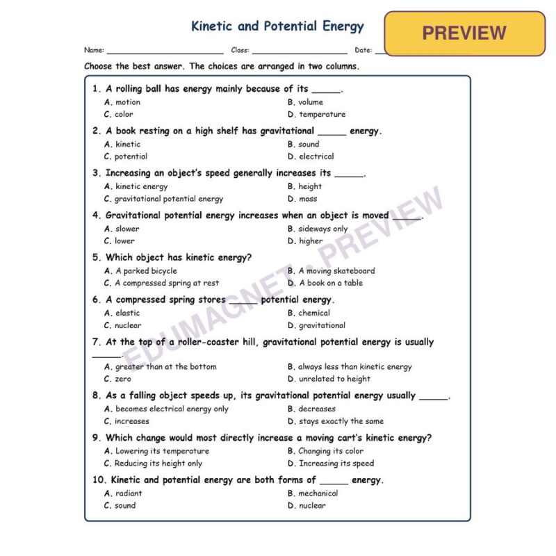 Kinetic And Potential Energy MCQ Fill Written Exit Worksheet SOL Grade 8